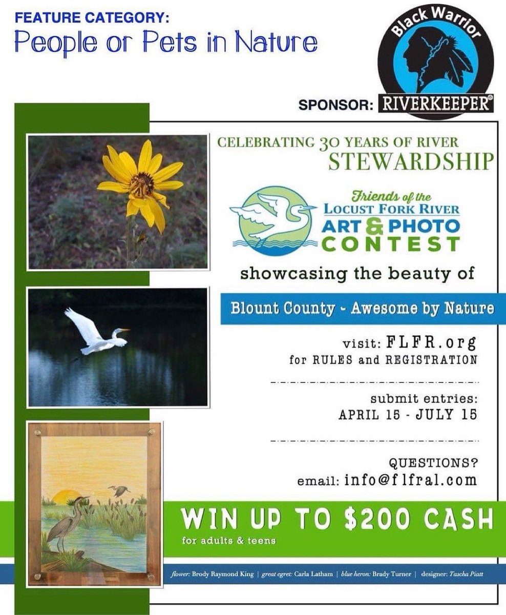 Black Warrior Riverkeeper is proud to co-sponsor the annual Friends of the Locust Fork River’s Art and Photo Contest, which is accepting entries until July 15! Register at FLFR.org