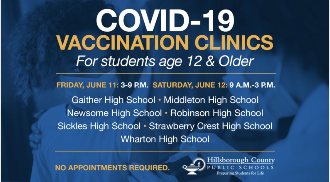 HillsboroughSch's tweet photo. Our district is partnering with @DOHHillsborough to offer seven COVID-19 vaccination clinics for students 12 years and older this week. No appointments are required and parents must be in attendance. https://t.co/9NtoKcdc2R