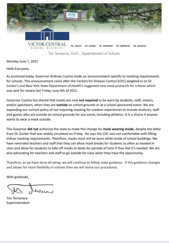 🚨ATTENTION🚨
Effective Mon; 6/7

“Face Coverings for Outdoor Interscholastic-Athletics is NOT required.” 

This includes Coaches, athletes, staff, spectators, etc...

Gathering limitations and indoor policies remain, as is.

Full memo from <a href="/VictorCSD_Super/">Tim Terranova</a> can been viewed below.