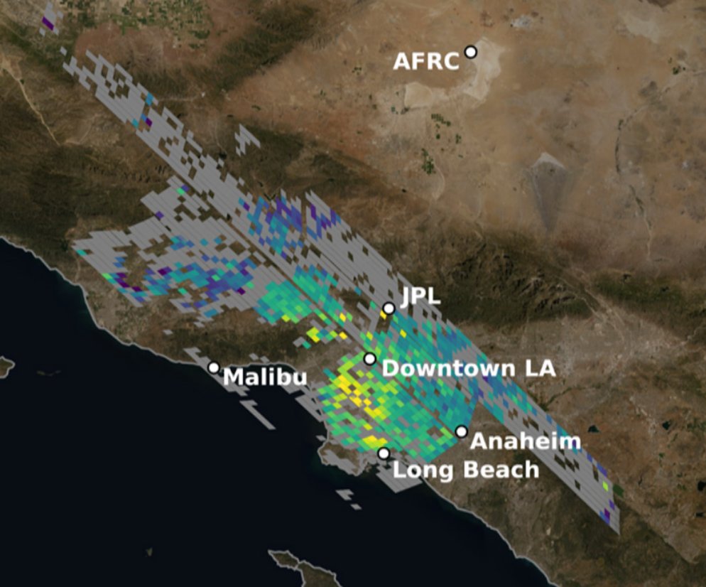 This image shows the accumulation of five adjoining swaths of data over the Los Angeles metropolitan area that when combined, create a map of carbon dioxide (CO2) concentrations that covers about 50 square miles (80 square kilometers).