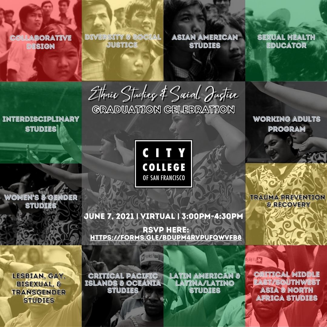ProfVariant's tweet photo. The Ethnic Studies & Social Justice remote graduation celebration will be held today 6/7 at 3 p.m. Everyone is welcome!! RSVP right HERE: https://t.co/VMjFwDqdgz.
#ccsf #StudentSuccess #socialjustice #communitycollege #Community #graduation #ProjectSURVIVE https://t.co/zH3VQNG2EV