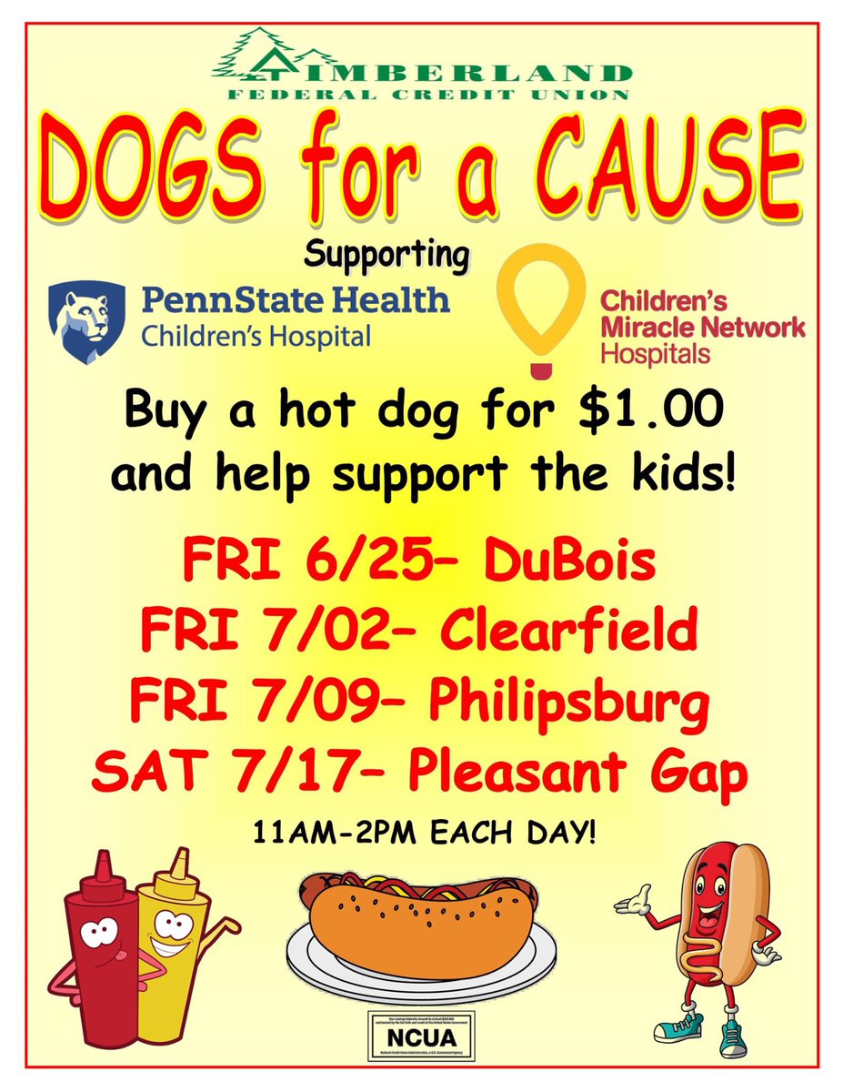 timberlandfcu's tweet photo. It's Back! Help us support the Children’s Miracle Network (CMN) Hospitals at Penn State Children's Hospital! Each branch will be rolling out the grills to serve hot dogs in the community! Don't miss your chance to down some dogs and support a great cause! C U SOON! #TalkTimber https://t.co/PNfgbu7Eet