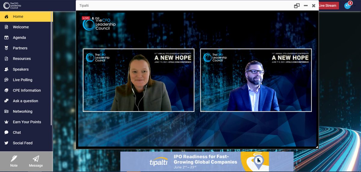 CFOLeader's tweet photo. "The best technology is only as good as it can be implemented &amp; team trained"  Sarah Spoja, CFO @tipalti.  

Thanks Sarah &amp; Jeff Bohl, CFO @InCloudCounsel Another "power packed" Actionable Insight session.  

#anewhope #takeaction #connectionsatwork https://t.co/aRglATdvt7