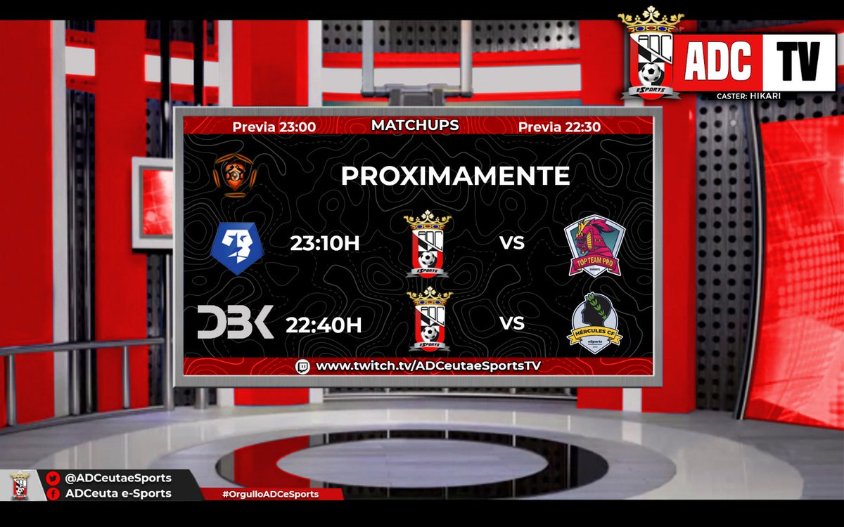 ⚽️ Match Day⚽️07/06/2021🗓

📅 @TopVirtuaLeague DESCANSO

📅 Jornada 20 <a href="/VFOspain_ps/">VFOspain PS</a>
🏟 @ADCeutaeSports 🆚 @TopTeamProPS4
⏰ 23:00 PREVIO 23:10 PARTIDO

📅 Jornada 21 @DBK_League
🏟 @ADCeutaeSports 🆚 @HCFeSPORTS

🎙️@Koaru_sensei
🖥️ Twitch.tv/Adceutaesports…