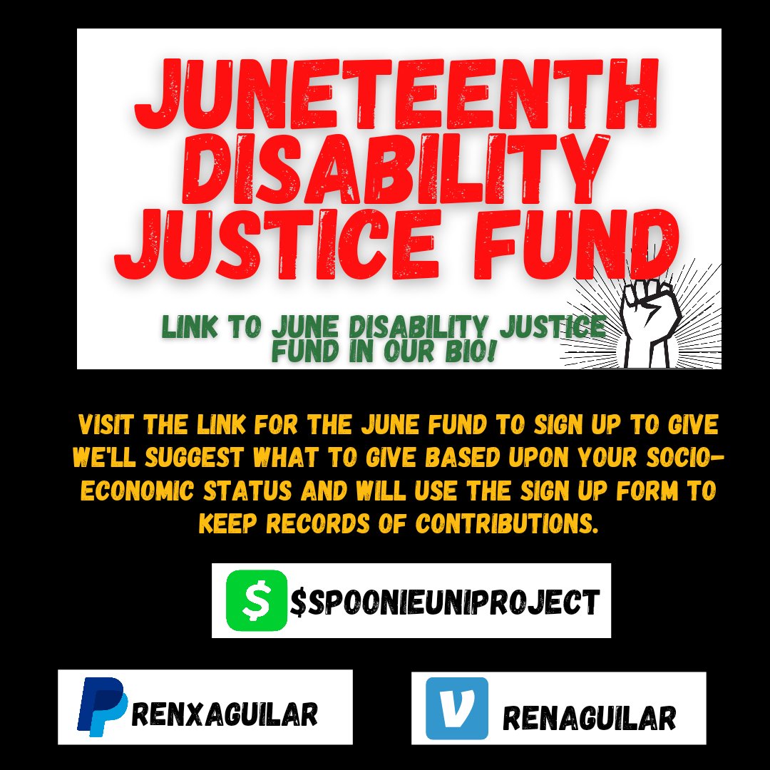 In celebration of pride month and Juneteenth coming up we want to raise $1500+ for our Juneteenth Disability Justice Fund to help Black Disabled Queer TGNC Working Class Folx out with rent, meds, &amp; essentials. Pls help us by boosting and/or giving! #DisabilityJustice #Pride2021