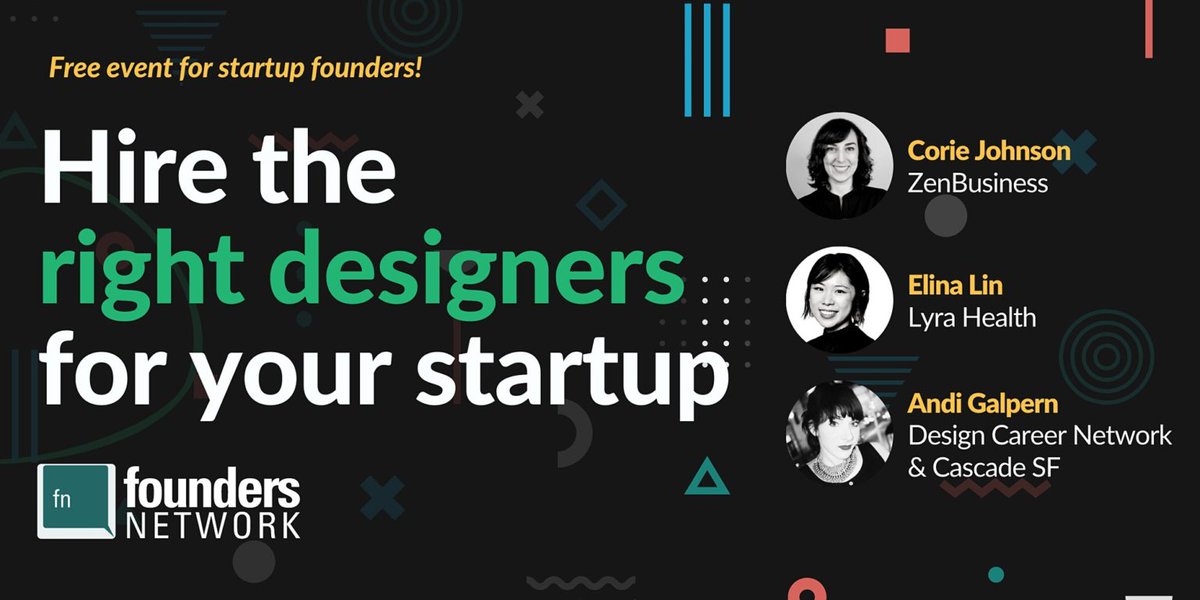 Startup friends! I'm speaking with @corieejohnson and <a href="/3linalin/">Elina Lin</a> tomorrow for <a href="/foundersnetwork/">founders network</a> about "Hiring the Right Designers for your Startup". We'll discuss types of designers, how to evaluate their skills, where to find them and more. Sign up! &amp; R/T eventbrite.com/e/154311661333