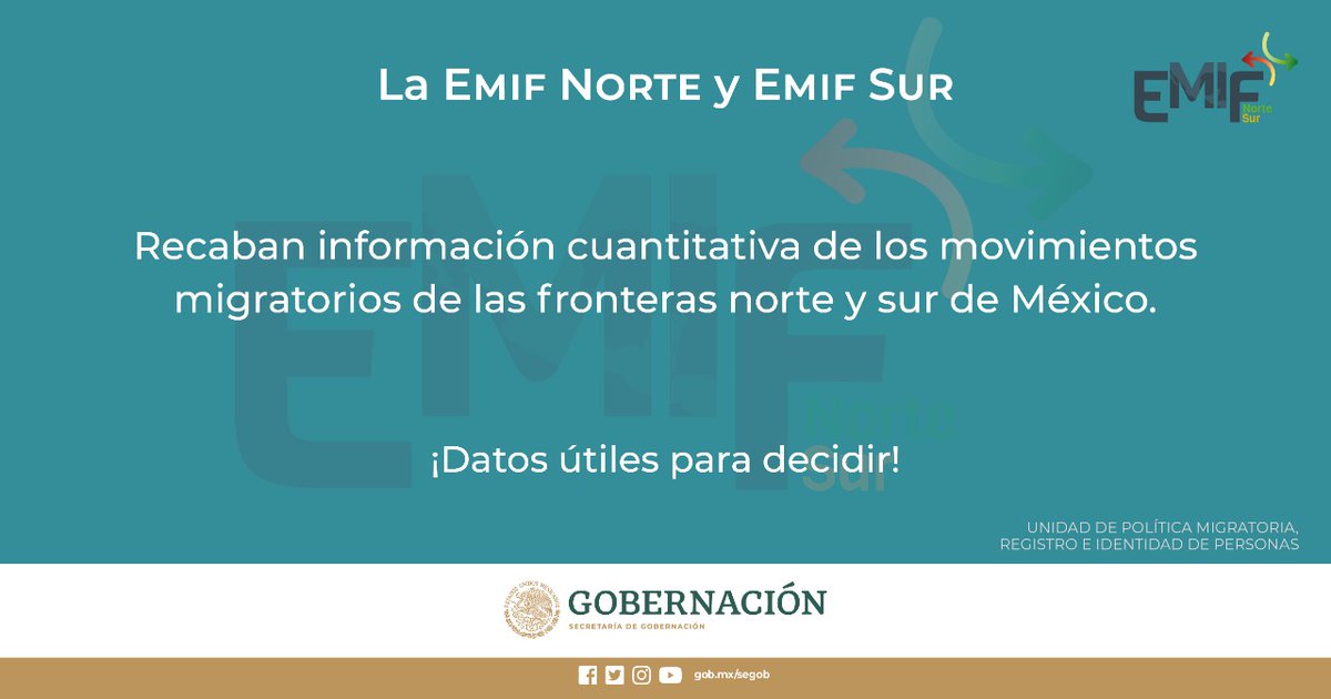 RocioGonzalezH8's tweet image. ¿Sabes quiénes cruzan y para qué las fronteras norte y sur de México? Descúbrelo en las encuestas sobre migración #EmifNorte y #EmifSur #MásDatosMásImpacto ¡Datos oficiales, validados y accesibles! bit.ly/3ldpaZF