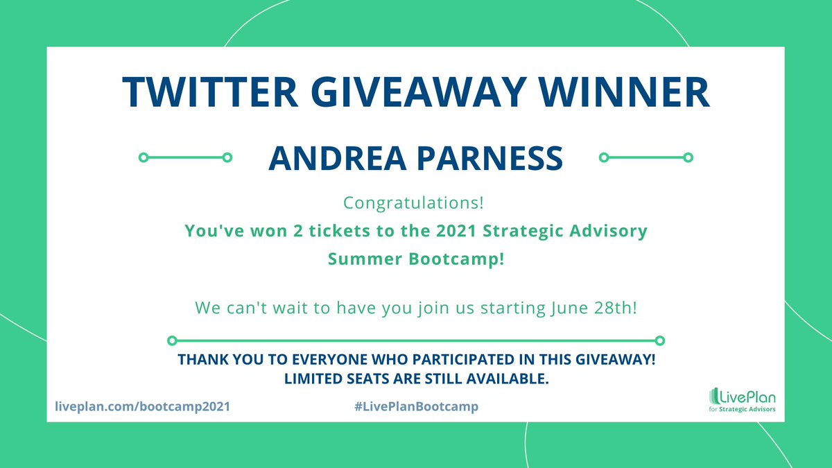 LivePlanSA's tweet photo. Congratulations to @AndreaCPAQueens for winning two tickets to our Strategic Advisory Summer Bootcamp!! 

Thank you for everyone who participated! We still have limited seats available at https://t.co/nIR0AMIFgU https://t.co/MHIKcjUOfC