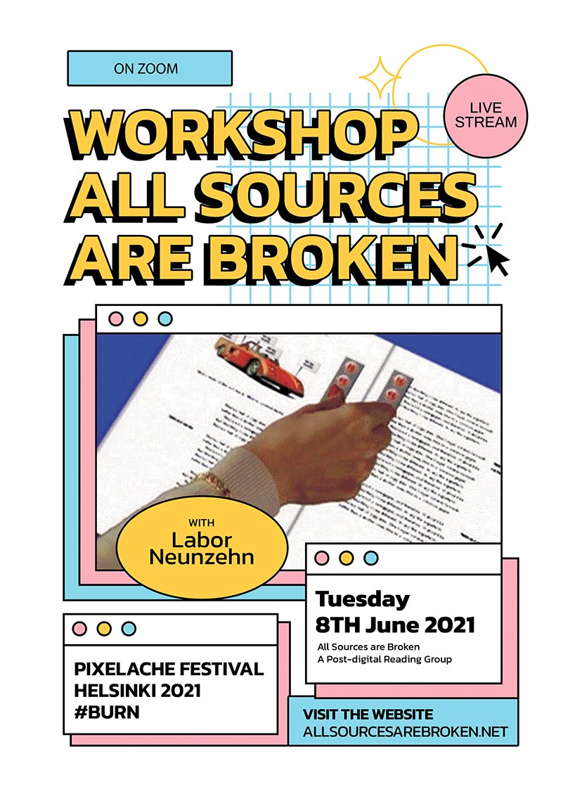 sources_broken's tweet photo. Hey! Tomorrow we will be running a workshop about our media art project All Sources Are Broken as part of 
@pixelache festival  Sign-up until Midnight for "All Sources are Broken - A Post-digital Reading Group" on https://t.co/kjRZMcBrxc 🔴📢 https://t.co/oi7mHBjx9E