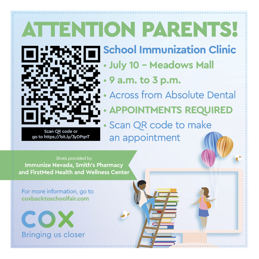 ClarkCountySch's tweet photo. Attention parents: School Immunization Clinic is coming up. 

🔹July 10th from 9 a.m. - 3 p.m. at Meadows Mall  
- Scan QR code
- Appointments required https://t.co/r8kXejY4k7