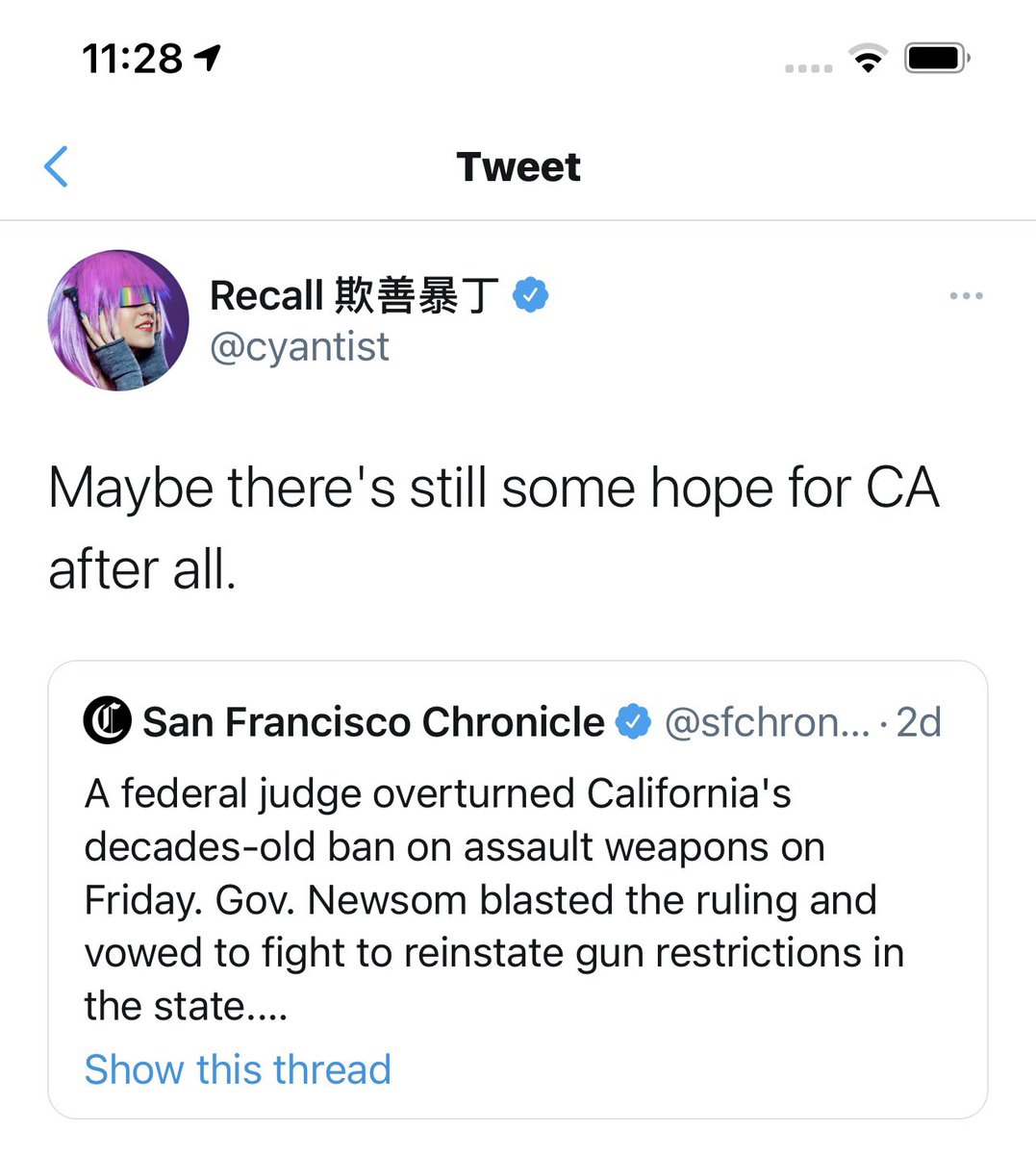 Cyan Bannister tweets “Maybe there is still hope for CA after all” after judge overturns California’s assault weapons ban