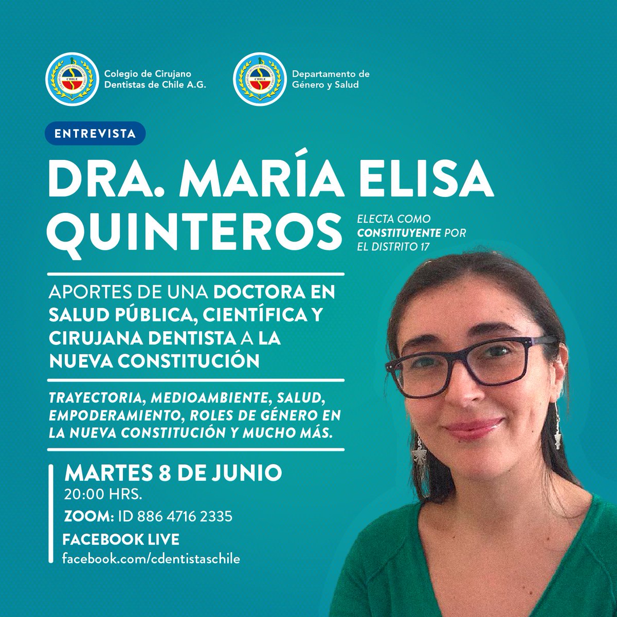 cdentistaschile's tweet photo. 🟢 MAÑANA 🟢
Nuestro Departamento de Género y Salud te invita a ver la entrevista que sostuvieron con la única colega en la Convención Constituyente, Dra. María Elisa Quinteros @MEQChile

Acompáñanos!

📅 Martes 8 de junio
🕗 20:00h
💻 Zoom ID 886 4716 2335
📱 FB Live https://t.co/4AnIv017ik