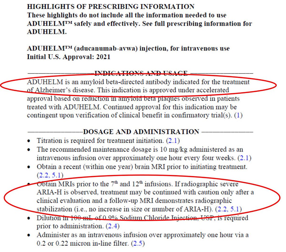 Three more surprises from the FDA decision on aducanumab:
1) Approved for Alzheimer’s disease, no restriction on disease stage.
2) No requirement for amyloid-PET, CSF analysis or APOE testing. 
3) OK to continue, even after severe ARIA-H if imaging looks stable.