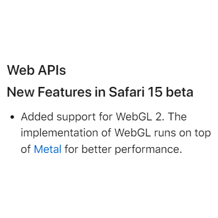playcanvas's tweet image. Apple announce WebGL 2 will be on by default in Safari 15. Based on Apple&apos;s release cycle, we can expect to see this arrive mid-September. 🎉
developer.apple.com/documentation/…
#WWDC21