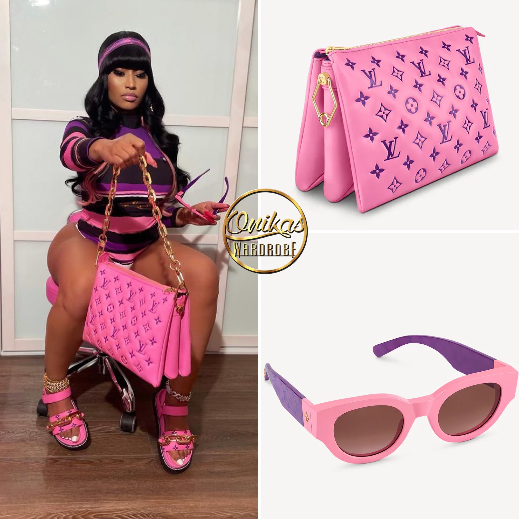 ♏️Onika's Wardrobe™ on X: .@NICKIMINAJ styled herself in a head-to-toe  @louisvuitton look which included a $1,370 bodysuit, $1,260 paseo sandals,  $665 sunglasses and the $3,550 @louisvuitton coussin pm handbag.   / X