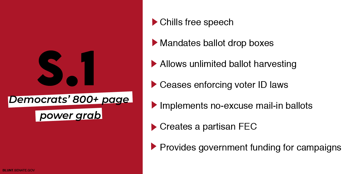 RoyBlunt's tweet image. Democrats have crammed a ton of misguided policies into S.1. These policies would NOT make our elections more secure. But they would secure Democrats’ grasp on power.