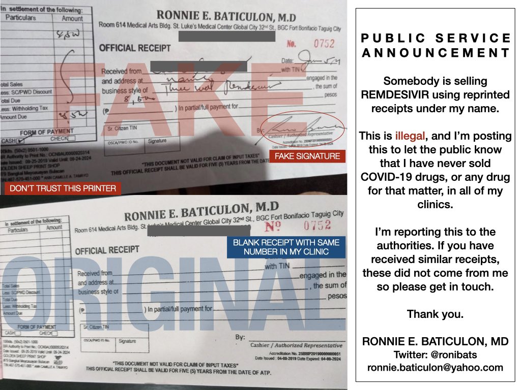 ronibats's tweet image. Need help, Twitter. Somebody is selling remdesivir using reprinted receipts under my name. This is illegal. I have never sold COVID-19 drugs in any of my clinics. 😞 Please share.