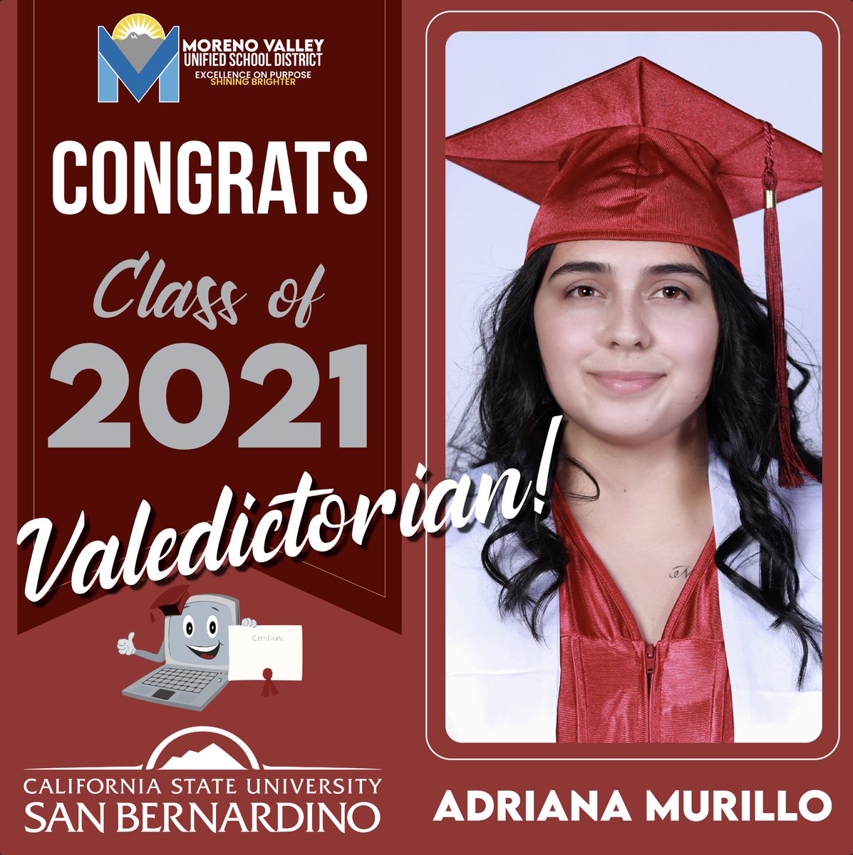 Moreno Valley Online Academy Class of 2021's Valedictorian is Adriana Murillo! Congratulations Adriana on your big achievement, you will accomplish great things at <a href="/CSUSBNews/">CSUSB</a> in the Fall. 👩‍🎓🎊🎉🎓