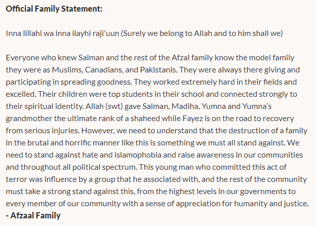 Statement from the Afzal family who have lost four family members in hate attack in #ldnont 

A statement no one should ever have to write. Loss no one should ever have to endure.