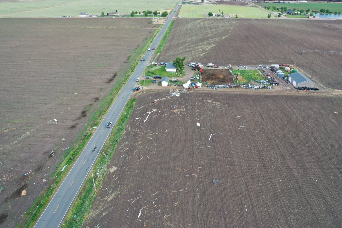 DoughertyKMGH's tweet photo. Look at this huge tornado/storm debris field out here along Weld CR21, about a mile north of Hwy 66, west of Platteville, CO.  #Denver7 #COwx https://t.co/1vBXoPQKIw