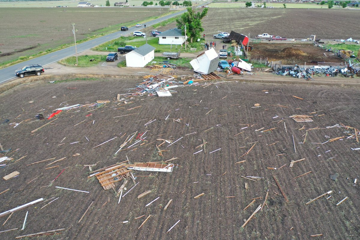 DoughertyKMGH's tweet photo. Look at this huge tornado/storm debris field out here along Weld CR21, about a mile north of Hwy 66, west of Platteville, CO.  #Denver7 #COwx https://t.co/1vBXoPQKIw