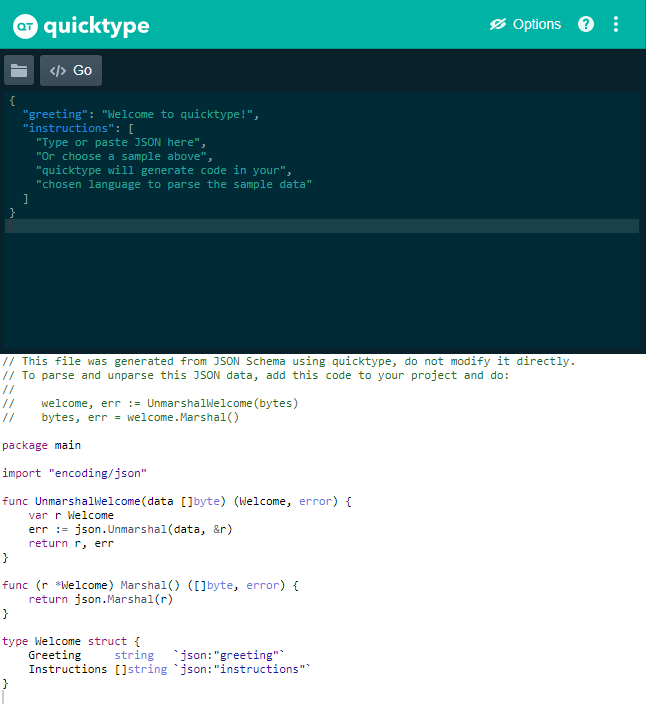 binhonglee's tweet photo. quicktype is a project that generates strongly-typed models and serializers to ensure JSON type safety and consistency in implementation. It supports input of JSON, JSON Schema, TypeScript, and GraphyQL. #aprojectaday

https://t.co/WZxdmL4JRw https://t.co/nzDq7Qcv0m