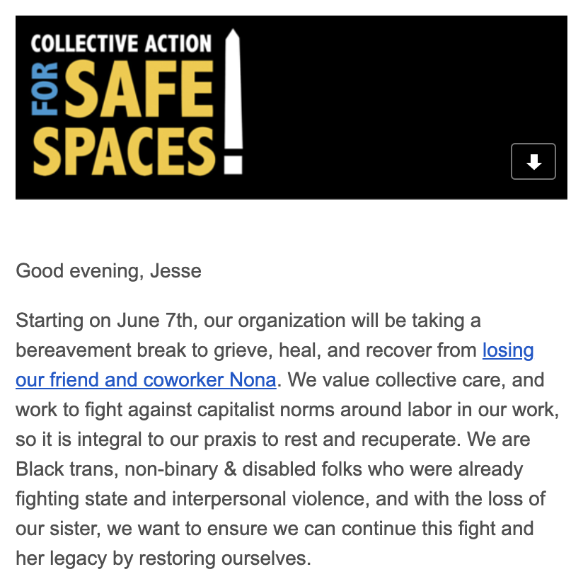 jesserbnwtz's tweet image. Please join me in sending some $$ to support @SafeSpacesDC in their extended bereavement leave.