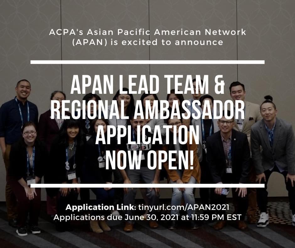 acpaapan's tweet photo. Join our APAN Directorate Board &amp; Regional Ambassador Teams!

⏰ Apps due 11:59 PM ET, Wed 30 June 2021! 
🔗 https://t.co/Eq3O6yiSEk (link in bio)
💬 Questions? Contact APAN Co-Chairs Sheraz Iqbal &amp; Eric Carnaje, cma_apan@acpa.nche.edu

#APIDAPlus #APIDANextGen #APIDALeadership https://t.co/9nma37TG3A