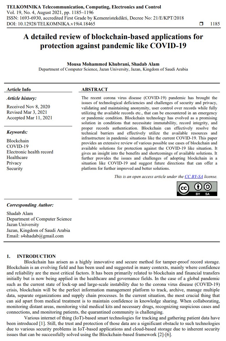 eisenreich's tweet photo. VeChain x TELKOMNIKA
VeChain and I-Dante's digital health solution, E-HCert, was included in a recent journal article, "A Detailed Review of Blockchain Applications for Protection Against Pandemics like COVID-19" π
Full Pdf π
https://t.co/pipElcURhg
#VeChain $VET #VeSearch https://t.co/hLy5KlKfa0