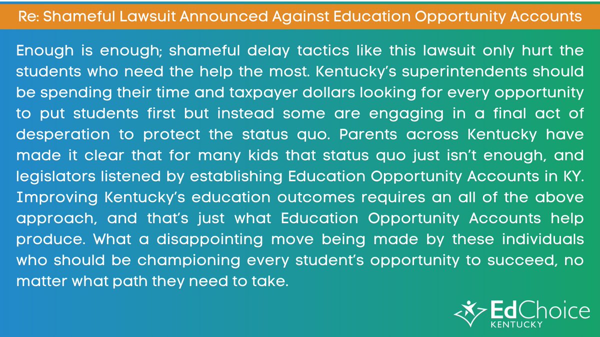 EdChoiceKY's tweet photo. Education should be about what’s best for Kentucky kids, not what’s best for a handful of bureaucrats who seek to enforce the status quo with a shameful lawsuit. #HB563 #educationchoice https://t.co/y9HsMqIW8p