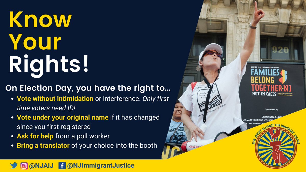 TOMORROW is an election day in New Jersey! Immigrant voters face unique barriers at the polls:
❌Lack of language access
❌Wrongfully asked to show ID
❌Refused requests for assistance

Know! Your! Rights!
state.nj.us/state/election…