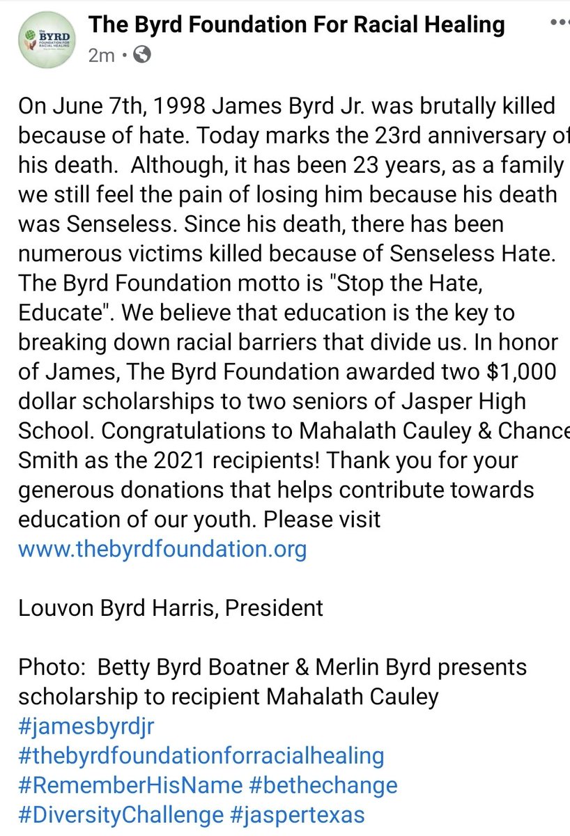 byrd_foundation's tweet photo. On June 7th, 1998 James Byrd Jr. was brutally killed because of hate. Today marks the 23rd anniversary of his death.  Although, it has been 23 years, as a family we still feel the pain of losing him because his death was Senseless. #jamesbyrdjr #thebyrdfoundationforracialhealing https://t.co/HZiZDLdjP2