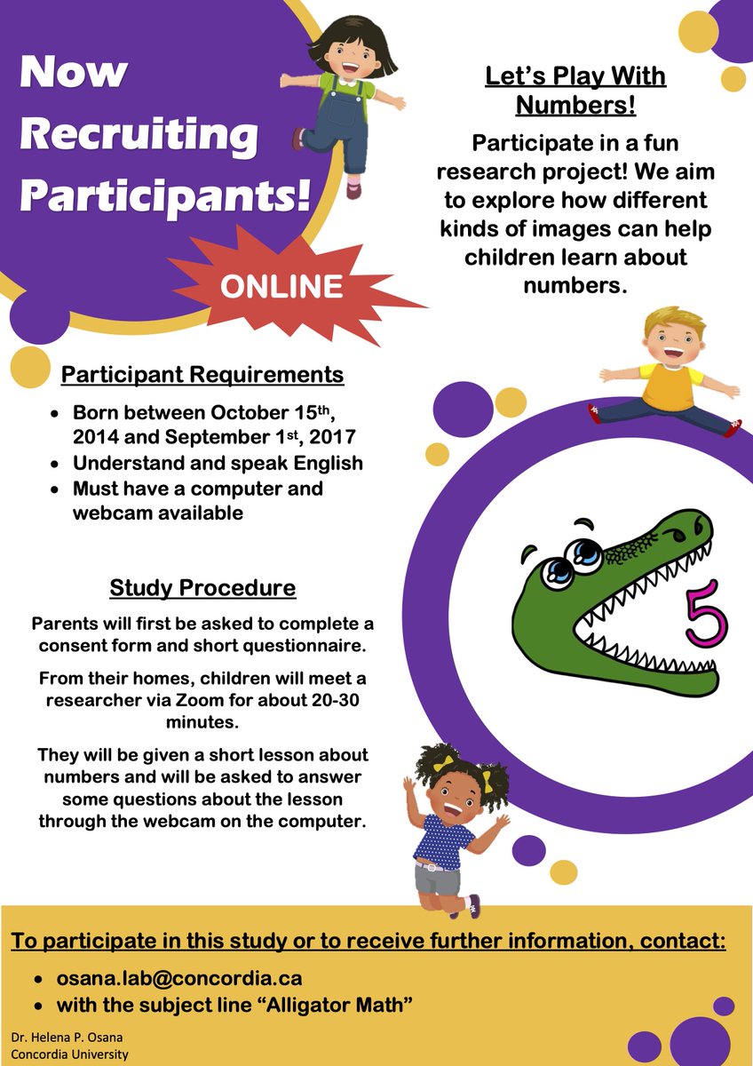 MathTeachLrnLab's tweet image. Cool online study on the role of visual representations in magnitude comparison! The Math Teaching and Learning Lab at Concordia University is seeking children 4 and 5 years old to work with a researcher on Zoom for 20-30 minutes. More info below!👇