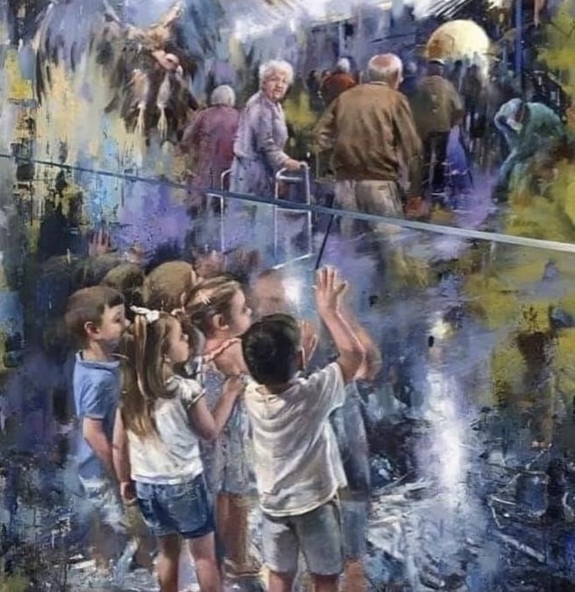 Catherinekat4's tweet photo. Cette peinture a été réalisée en l'honneur de tous les grands-parents décédés de la Covid 19 et qui n'ont pas réussi à dire au revoir à leurs petits-enfants 😔😔😔😔 - Artiste Juan Lucena, peintre espagnol de JEREZ DE LA FRONTIÈRE.

On vas rien oublier ! Il est l heure https://t.co/WaXs1k779Q