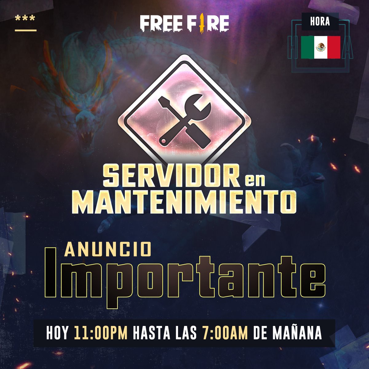 freefirelatino's tweet photo. 🔥⚠ ¡ANUNCIO IMPORTANTE! ⚠🔥

Recuerden que debido a la Nueva Actualización el día de hoy tendremos un mantenimiento de:

11:00 p.m. hasta 7:00 a.m. del día de mañana.

¡Tomen sus precauciones y prepárense! https://t.co/fc2Y99RPmL