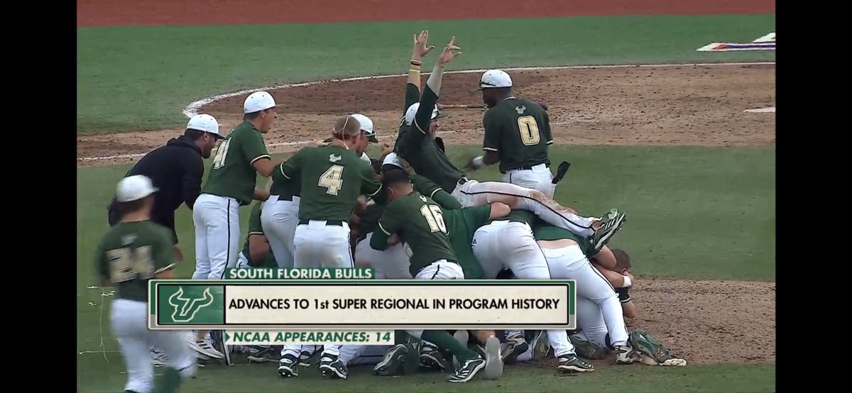 GregWolfTBL's tweet photo. WHO RUN IT!!! @USFBaseball moves on to the Super Regional for the first time in @USouthFlorida History!
#HornsUp🤘🏽#WeBullieve https://t.co/1YzO0fE6vW