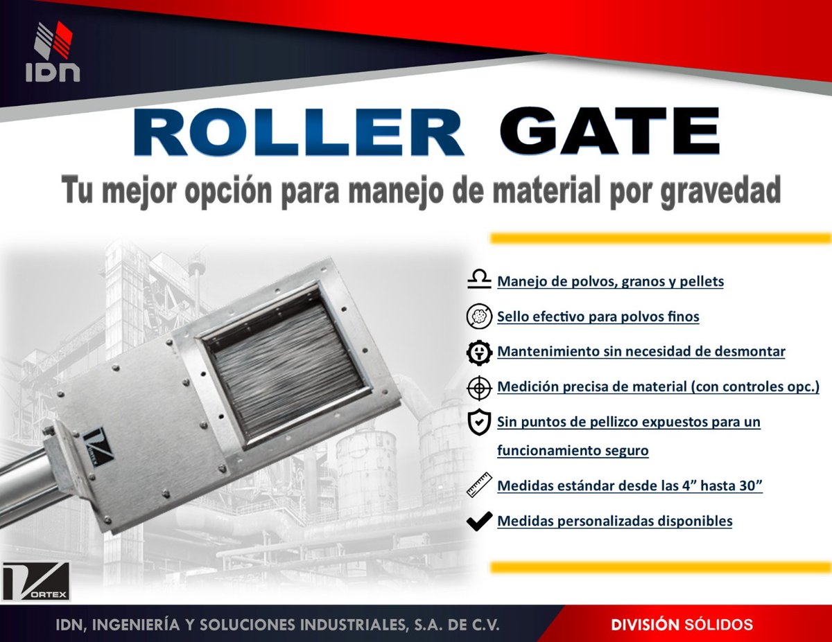 IDNMEXICO's tweet photo. La válvula Vortex Rollergate ideal para el manejo de  sólidos, obteniendo los siguientes beneficios:
 🪨  Manejo de polvos, granos y pellets.
👍Sellado efectivo para polvos finos
🔧Mantenimiento sin necesidad de desmontar
🎯Medición precisa del material (con Controles opc.) https://t.co/7YXImkJ3B7