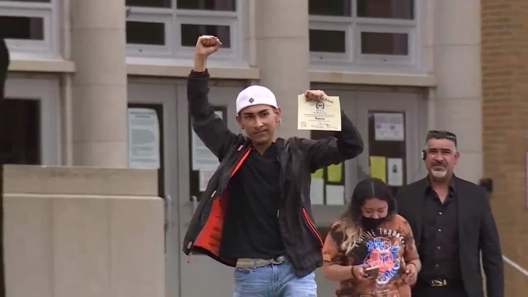 CONGRATULATIONS: The student denied his diploma for wearing the Mexican flag during graduation walked into school today after a press conference -- and walked out holding his diploma in the air triumphantly. Full story &gt;&gt;&gt; wral.com/19714687/