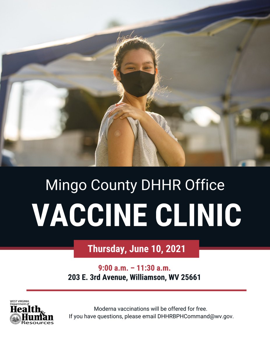 DHHR’s Mingo Co office will host a free #COVID19 vaccine clinic for those 18 and older June 10, 9 a.m.-11:30 a.m. at 203 E. 3rd Ave in Williamson. Moderna vaccines will be offered.