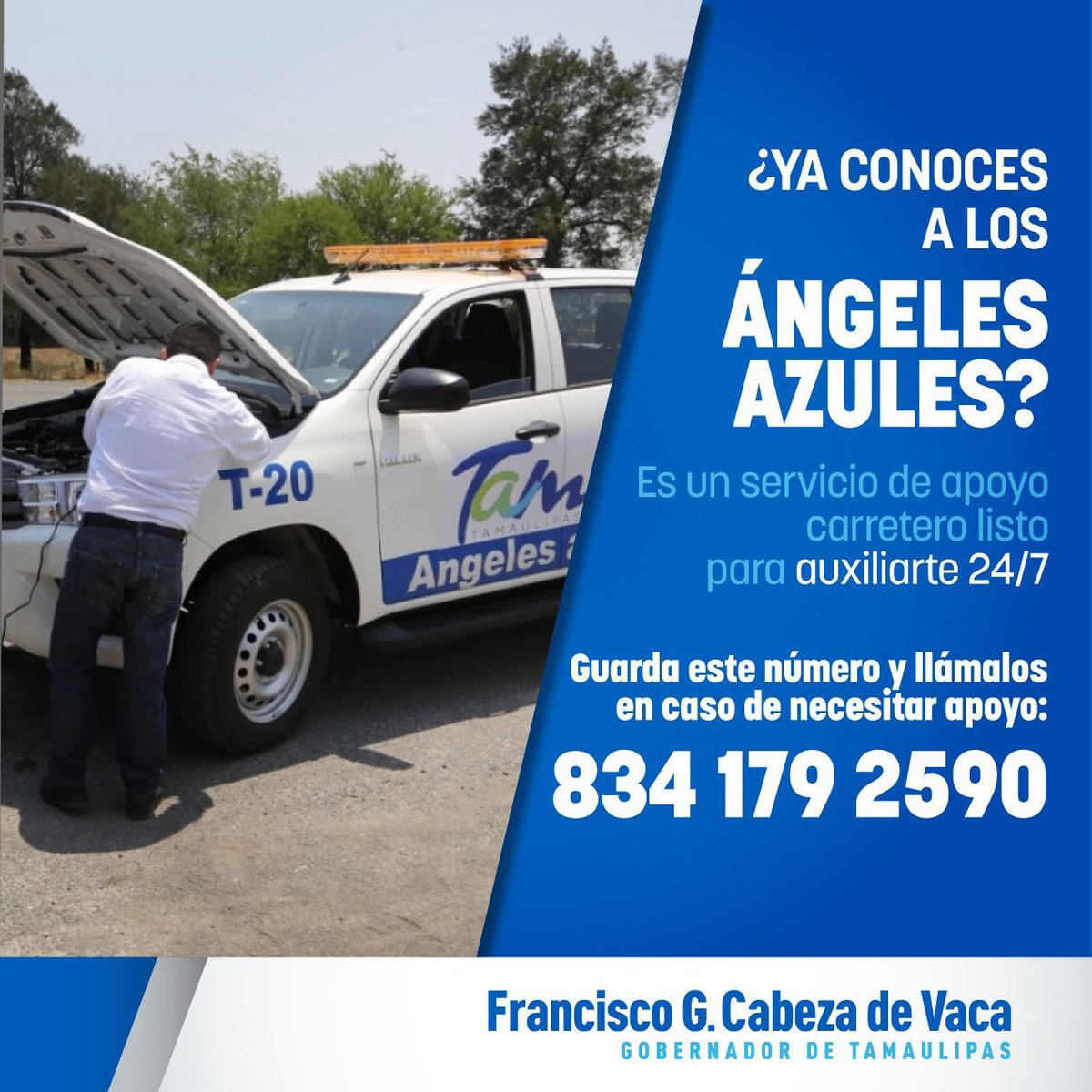 fgcabezadevaca's tweet photo. En Tamaulipas contamos con servicio mecánico en nuestras carreteras que te brindan los Ángeles Azules. No dudes en llamarlos si necesitas apoyo. https://t.co/eWmm8MsM2V