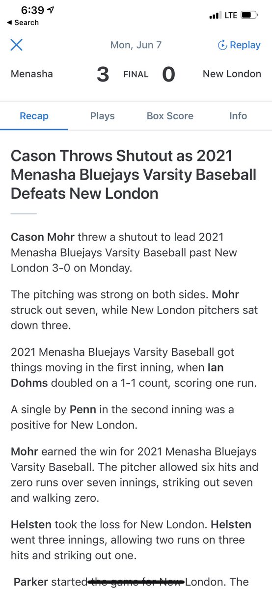 MenashaBaseball's tweet photo. Bluejays take down @NLBaseballWI 3-0!!! #GoBluejays @WIBallCentral @PBRWisconsin @BaseballWis https://t.co/sJWdAMmSCc
