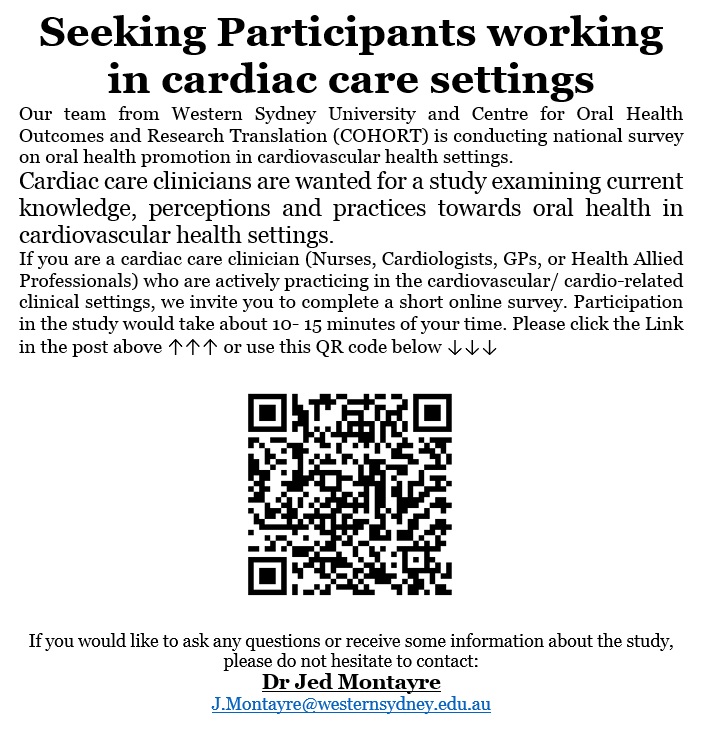 ACNC1's tweet photo. TO ALL MEMBERS - Cardiac care clinicians are wanted for a study examining current knowledge, perceptions and practices towards oral health in cardiovascular health settings. Please read below for more details! 
https://t.co/G0iZ2Mg7TK @westernsydneyu @JedMontayre @calebferg https://t.co/AmMdBKOjIL