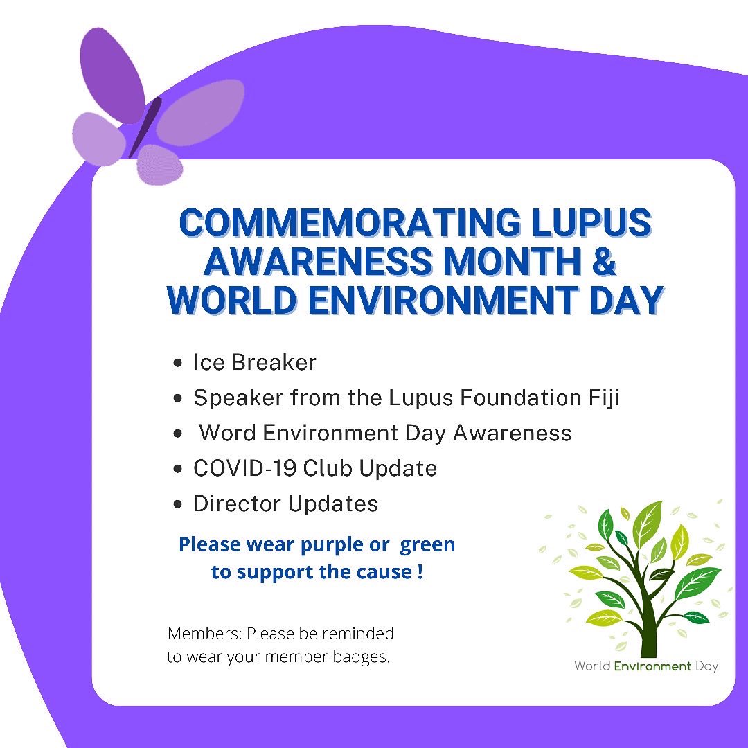 SuvaRotaract's tweet photo. Online Floor Meeting Notice ✅ DM us if you’re keen on joining. We have a speaker from @lupusfoundationfiji and some members will be sharing about World Environment Day. See you all tomorrow ! #lupusawareness #worldenvironmentday #rotaract https://t.co/bCupHOsEXy