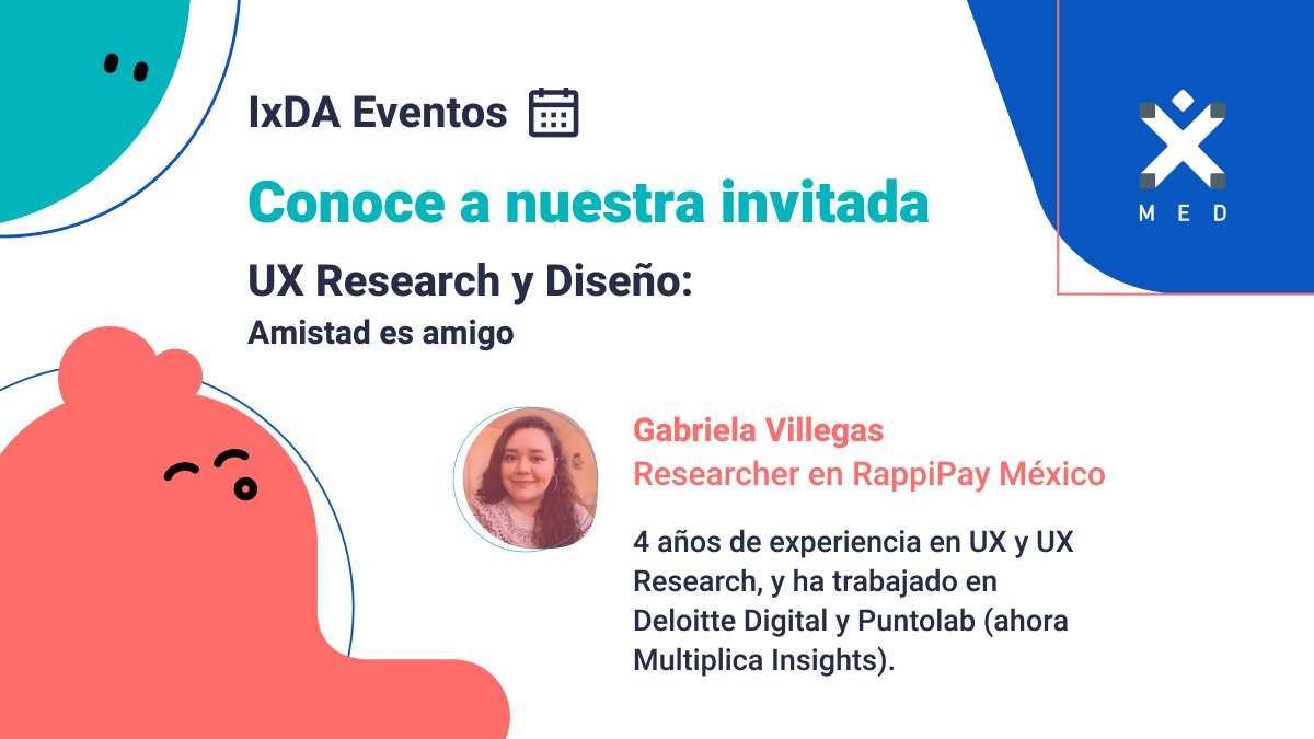 IxdaMedellin's tweet photo. ¡Nuestra próxima invitada!

Ella es Gabriela Villegas, Sr. UX Researcher en RappiPay Mx. Tiene cuatro años de experiencia en UX y UX Research, y ha trabajado en Deloitte Digital y Puntolab (ahora Multiplica Insights).

Nos vemos el próximo Miércoles 9 de Junio a las 19hrs Co 🇨🇴 https://t.co/BV8rd63PM1