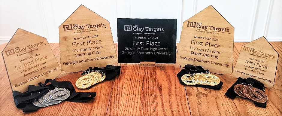 WingClayNation's tweet image. The Georgia Southern Clay Target Team picked up their three ACUI D4 Collegiate Clay Target Championship trophies and medals to the top 5 scoring shooters in trap, skeet, super sporting and sporting clays.  Not bad for a 1st year program.