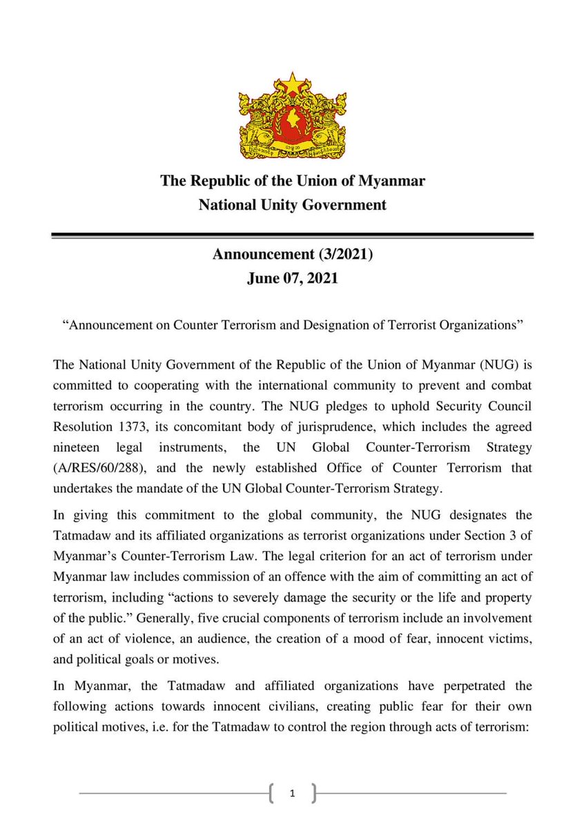 NUGMyanmar's tweet photo. The #NUGMyanmar designates the illegitimate State Administration Council (SAC)’s Tatmadaw and its affiliated organizations as terrorist organizations under Section 3 of Myanmar’s Counter-Terrorism Law. https://t.co/8E3DzmUyd7