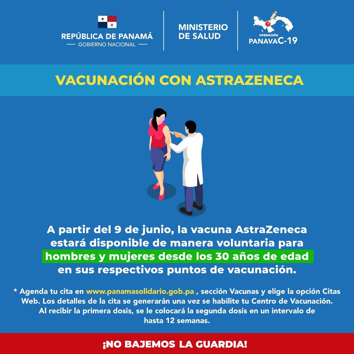 Informamos a la población que a partir del 9 de junio, la vacuna AstraZeneca estará disponible de manera voluntaria para hombres y mujeres desde los 30 años de edad.

Podrán agendar su cita en:
vacunas.panamasolidario.gob.pa , eligiendo la opción Citas Web.