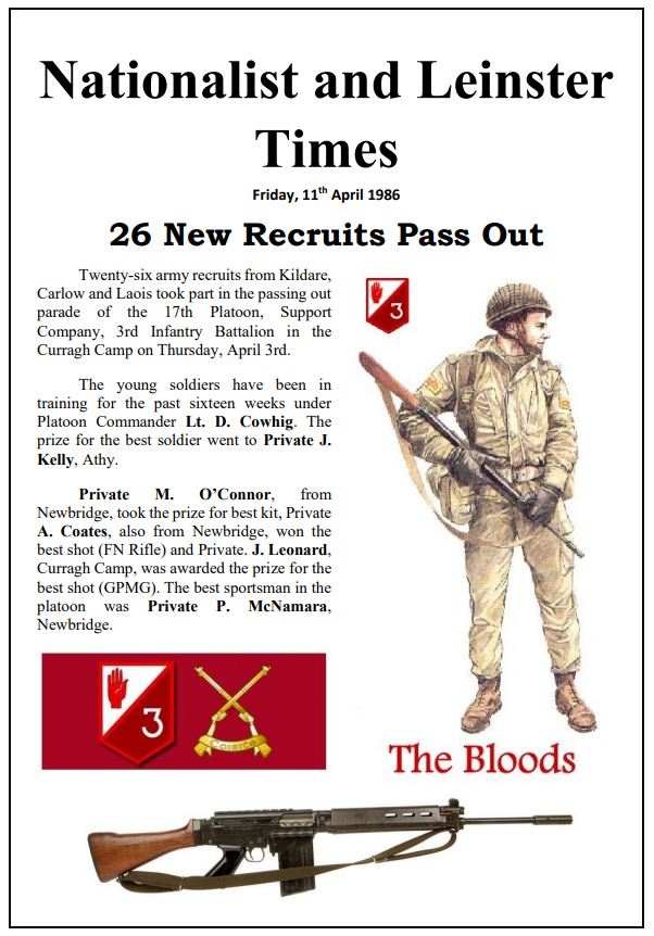 curraghhistory's tweet photo. In April 1986, 26 members of the 17th Recruit Platoon, Support Coy, 3rd Infantry Battalion (The Bloods) had their Passing Out Parade at Connolly Barracks, Curragh Camp. The parade was the culmination of sixteen weeks training. 
https://t.co/n5ctcsxbZD https://t.co/uUeeGakHbG