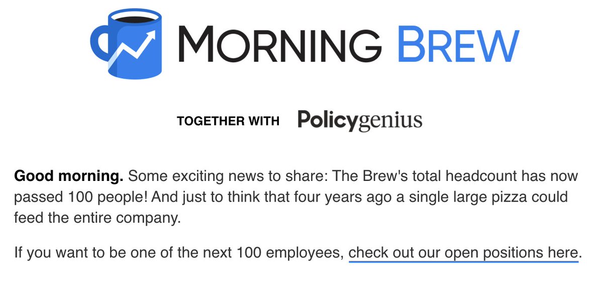 Austin Rief ☕️ (@austin_rief) on Twitter photo . <a href="/MorningBrew/">Morning Brew ☕️</a> full-time employees.
2015: 2
2016: 2
2017: 6
2018: 10
2019: 25
2020:65
2021: 105 (so far) . <a href="/MorningBrew/">Morning Brew ☕️</a> full-time employees.
2015: 2
2016: 2
2017: 6
2018: 10
2019: 25
2020:65
2021: 105 (so far)
