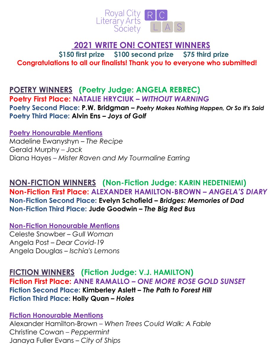 rclas_com's tweet photo. Congratulations to all our 2021 Write on! Contest finalists...Way to go! prizes were mailed out today! Thanks to everyone who submitted:) #RCLAS #WriteOnContest #RoyalCityLiteraryArtsSociety https://t.co/jBmQAKfxVA